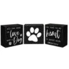 Set Of 3 Wood Block Sentiment Love Dog Heart Pawprints 4" X 4" -Quality Home Store 20313 03