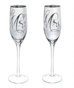 Mr & Mrs Champagne Flutes In Silver Metallic Set Of 2