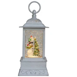 Snowman Father And Child Decorating The Tree Glitter Light Up Lantern 10.5"