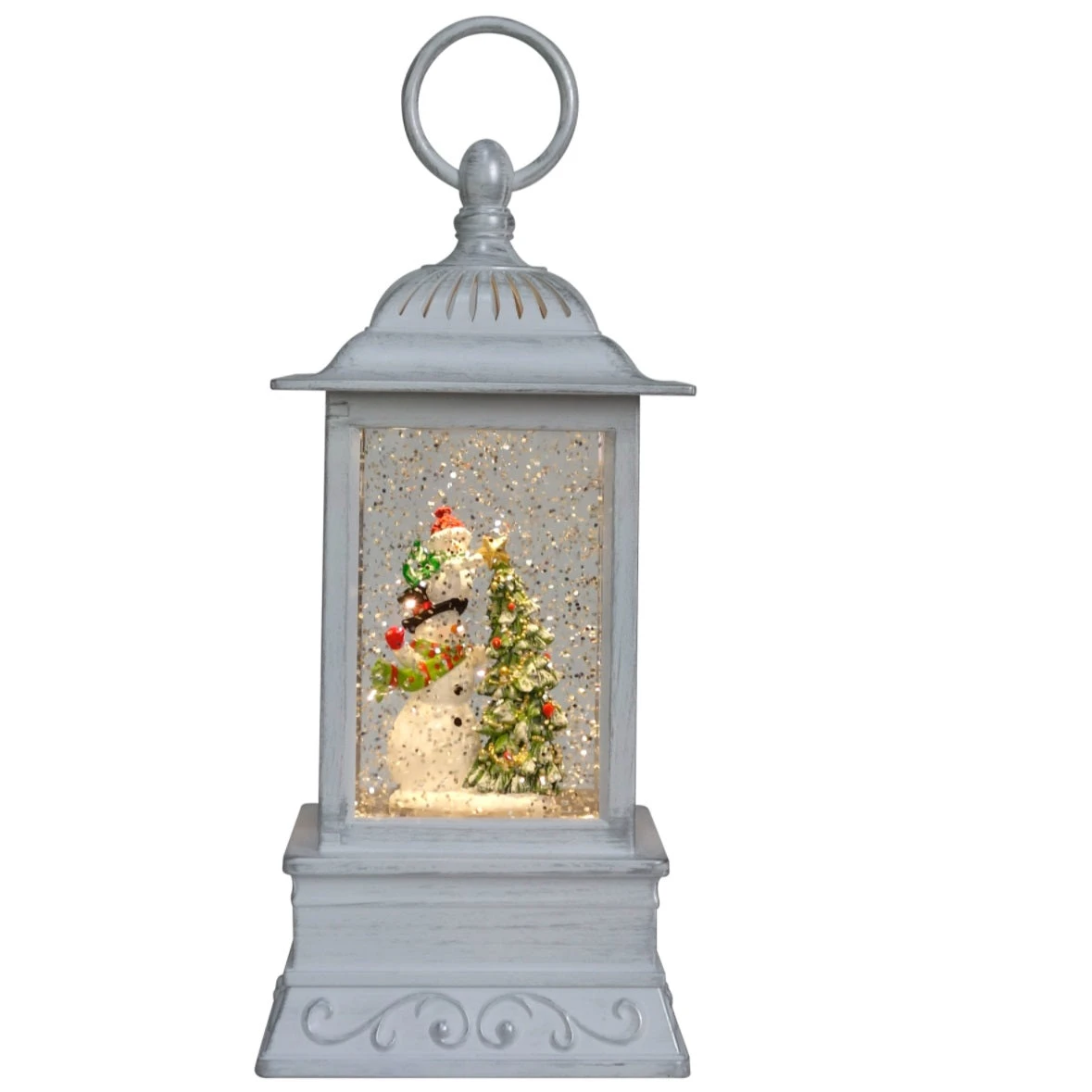 Snowman Father And Child Decorating The Tree Glitter Light Up Lantern 10.5" 3 Snowman Father And Child Decorating The Tree Glitter Light Up Lantern 10.5"