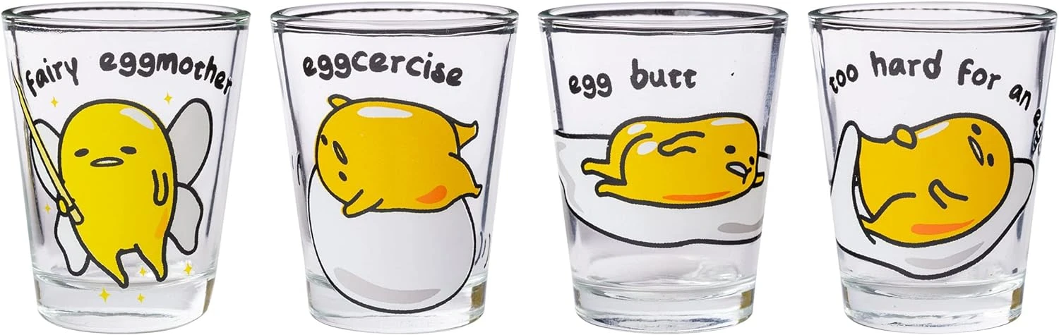 Silver Buffalo Sanrio Gudetama Lazy Egg Poses 4 Pack Mini Glass Set, 1.5 Ounces 3 Silver Buffalo Sanrio Gudetama Lazy Egg Poses 4 Pack Mini Glass Set, 1.5 Ounces
