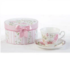 Porcelain Tea Cup & Saucer Pink Peony In Gift Box