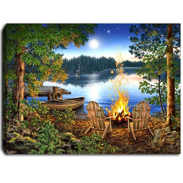Lakeside Camp Fire Lighted 8"x6" Canvas 3 Lakeside Camp Fire Lighted 8"x6" Canvas
