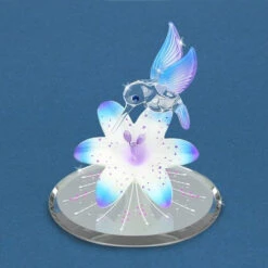 Hummingbird On Blue Lily With Blue Crystals Glass Figurine